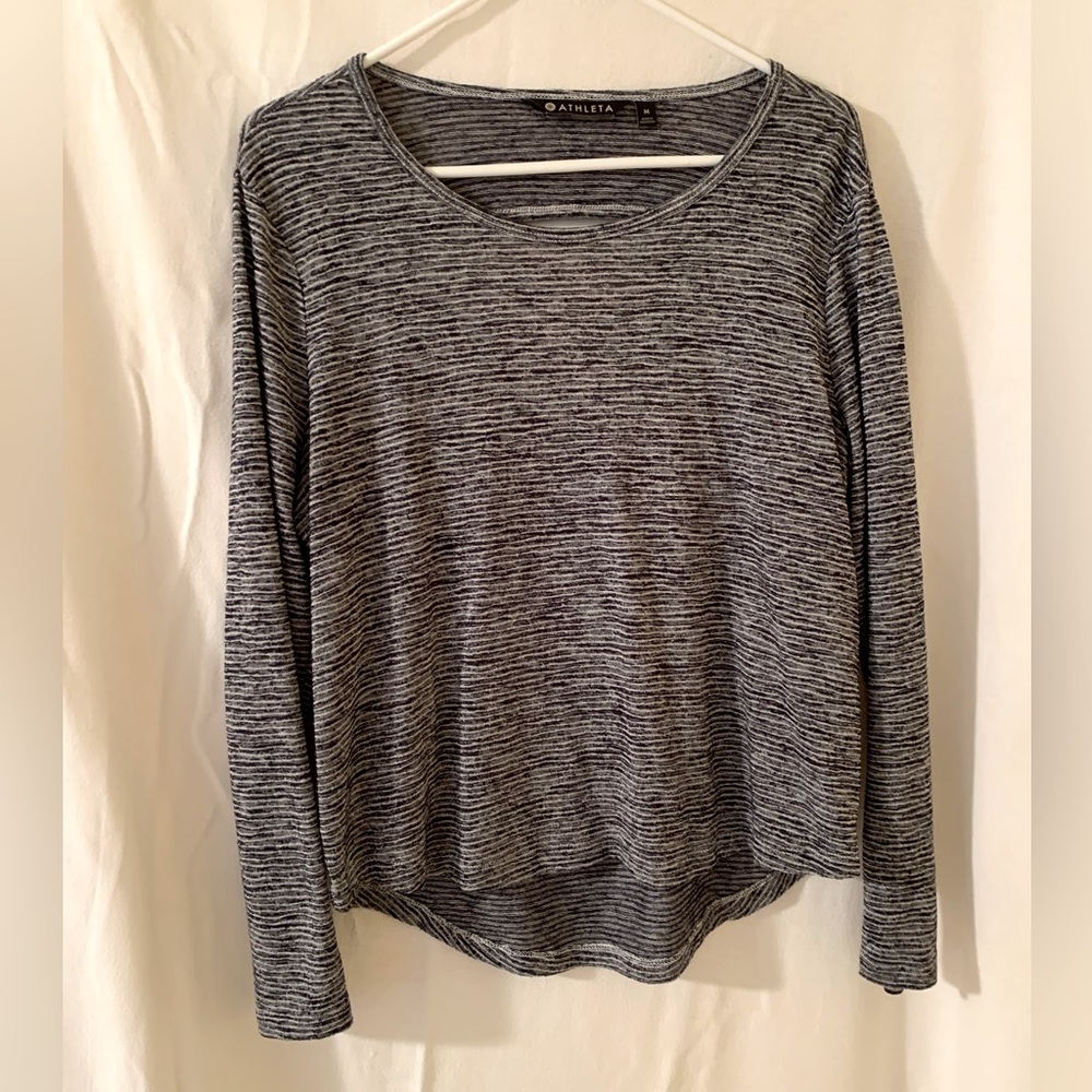 Athleta Navy White Stripe Breezy Long Sleeve Top